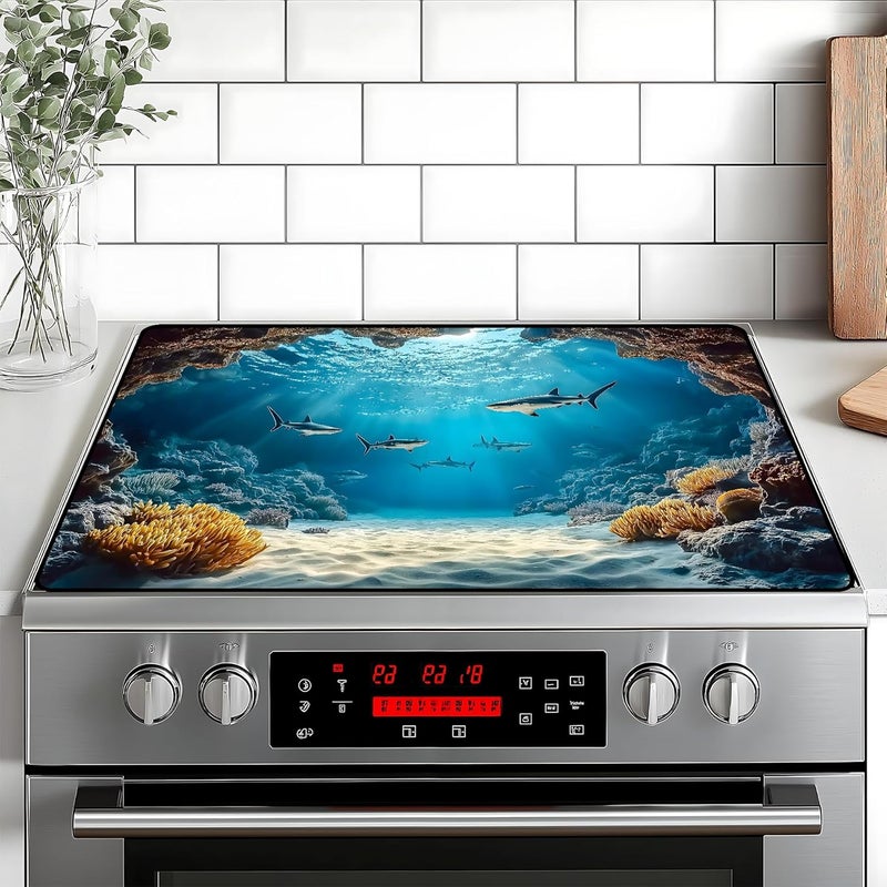 BVBOX Underwater World Stove Top Cover Retro Flower Gas Stove Top Cover for Home Decoration Kitchen Pad Non-Stick Washable Cooktop Covers Countertop Protector Keep Stove Clean 28"x20" - Image 1